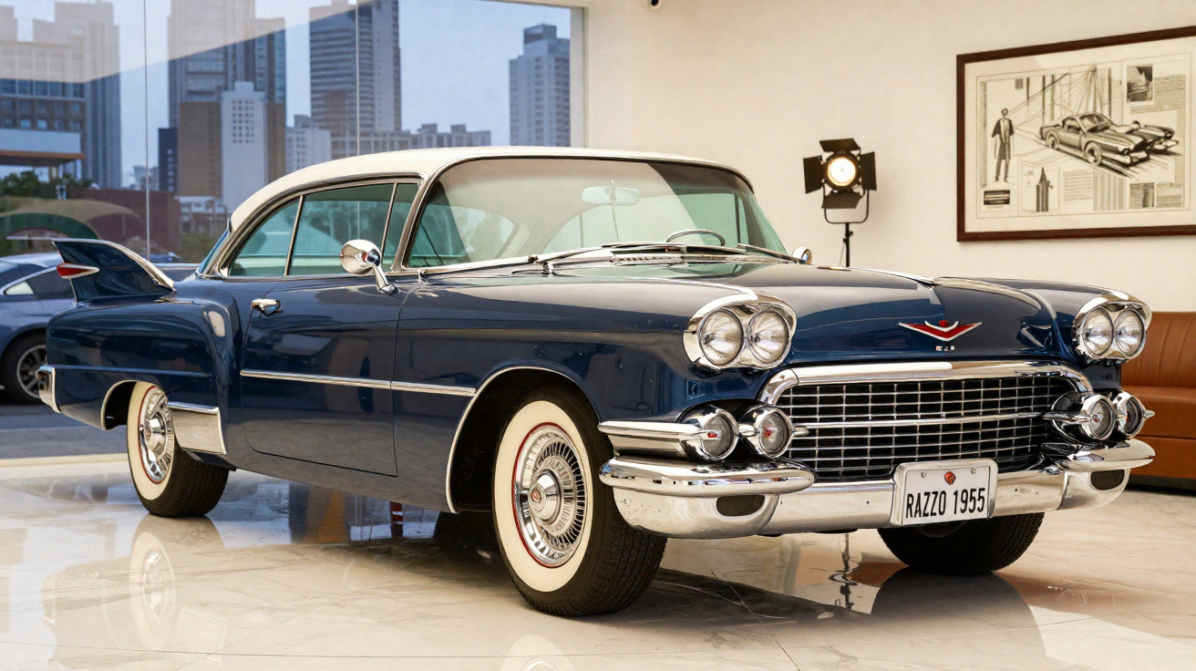 Blauer 1950er-Jahre Oldtimer mit weißen Reifen und Chromakzenten in heller Ausstellungshalle.