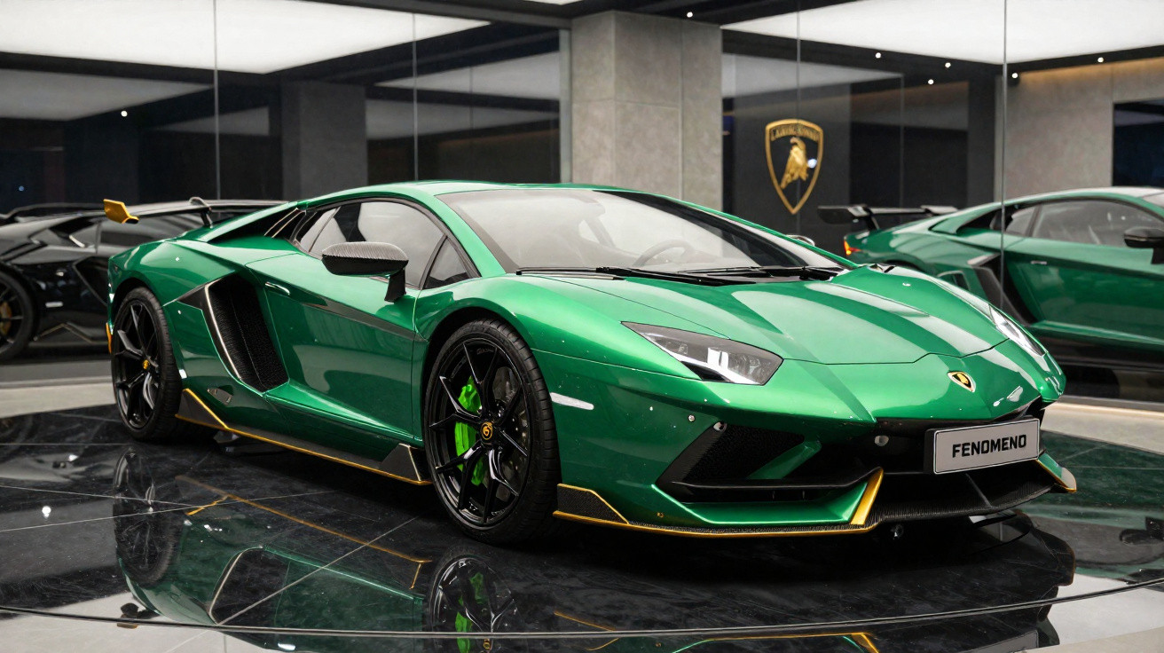 Grüner Lamborghini Aventador Fenomeno Sportwagen in Showroom mit Spiegelungen und Lamborghini-Logo an der Wand.