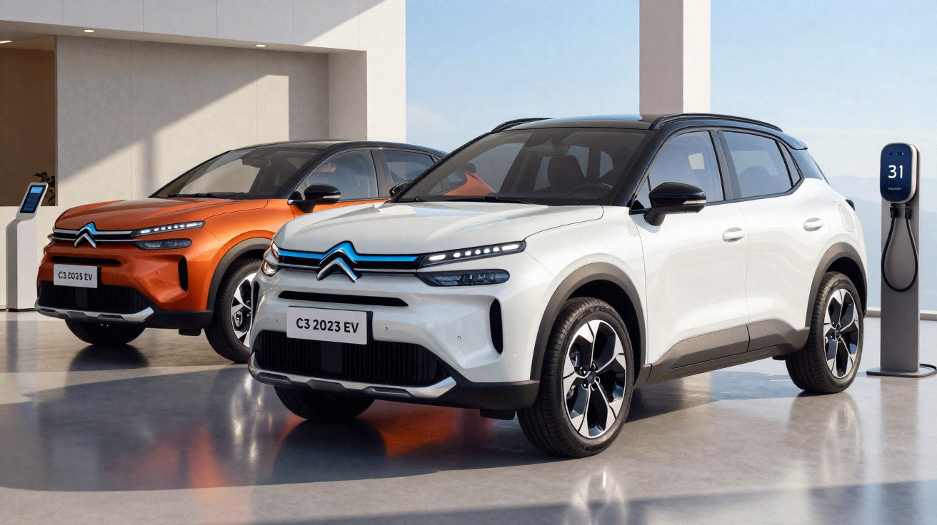 Zwei Citroën C3 2023 EV Elektro-SUVs, einer weiß, einer orange, neben Ladestationen in moderner Garage.
