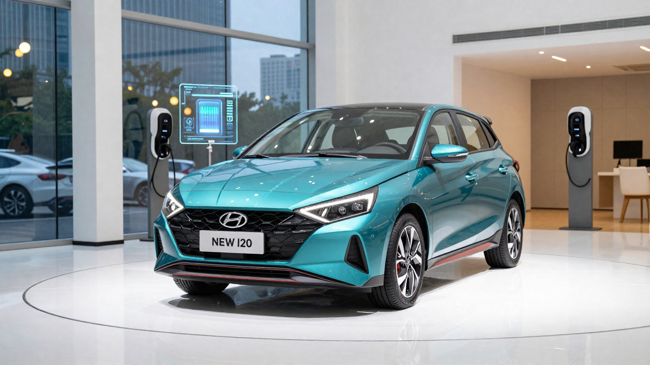Blauer Hyundai New i20 steht in modernem Autohaus mit Elektro-Ladestationen und großem Fenster im Hintergrund.