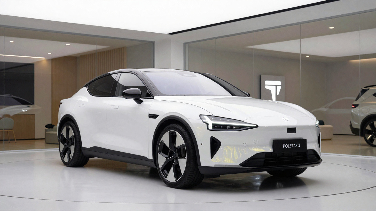 Weißer Polestar 3 Elektro-SUV in modernem Ausstellungsraum mit Glaswänden und minimalistischer Einrichtung.