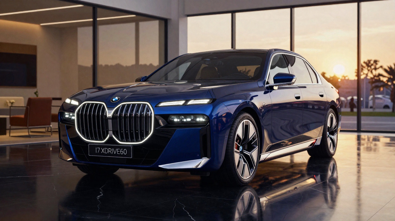 Blauer BMW 7er mit markantem Doppelniere-Kühlergrill, stehend in modernem Showroom bei Sonnenuntergang.