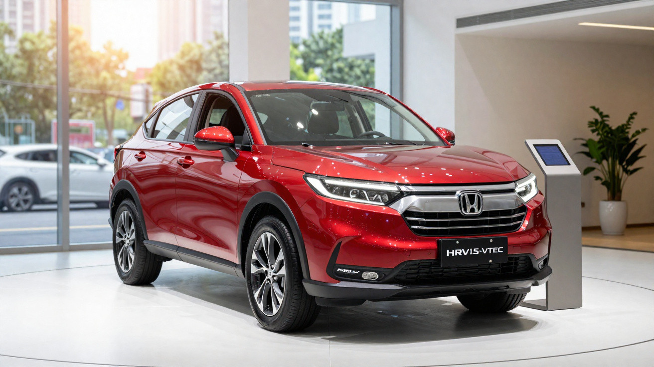 Roter Honda HR-V 1.5 VTEC SUV im Ausstellungsraum vor großen Fenstern mit moderner Innenraumgestaltung.
