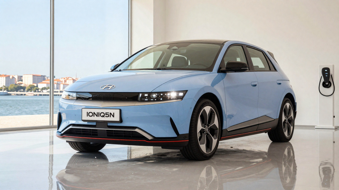 Blauer Hyundai IONIQ 5N Elektroauto in modernem Showroom vor großem Fenster mit Ladegerät an der Wand.