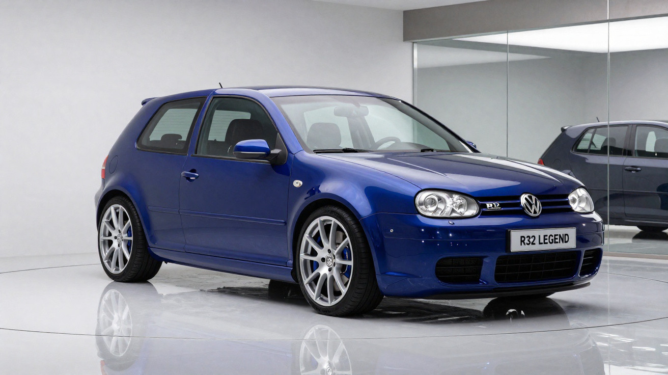 Blauer Volkswagen Golf R32 in einem modernen, weißen Showroom vor einer großen Spiegelwand.