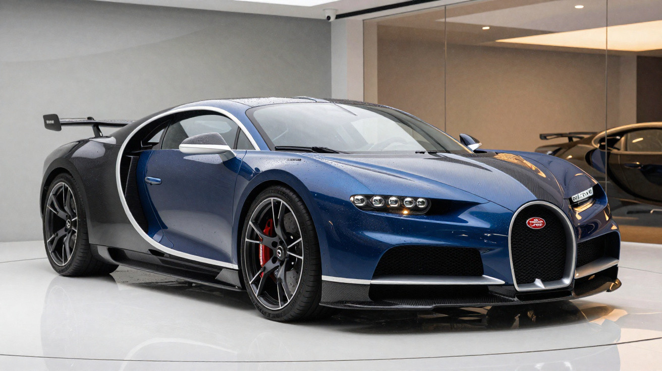 Blauer Bugatti Chiron Supersport Sportwagen in Ausstellung mit Spiegelung und großem Heckflügel