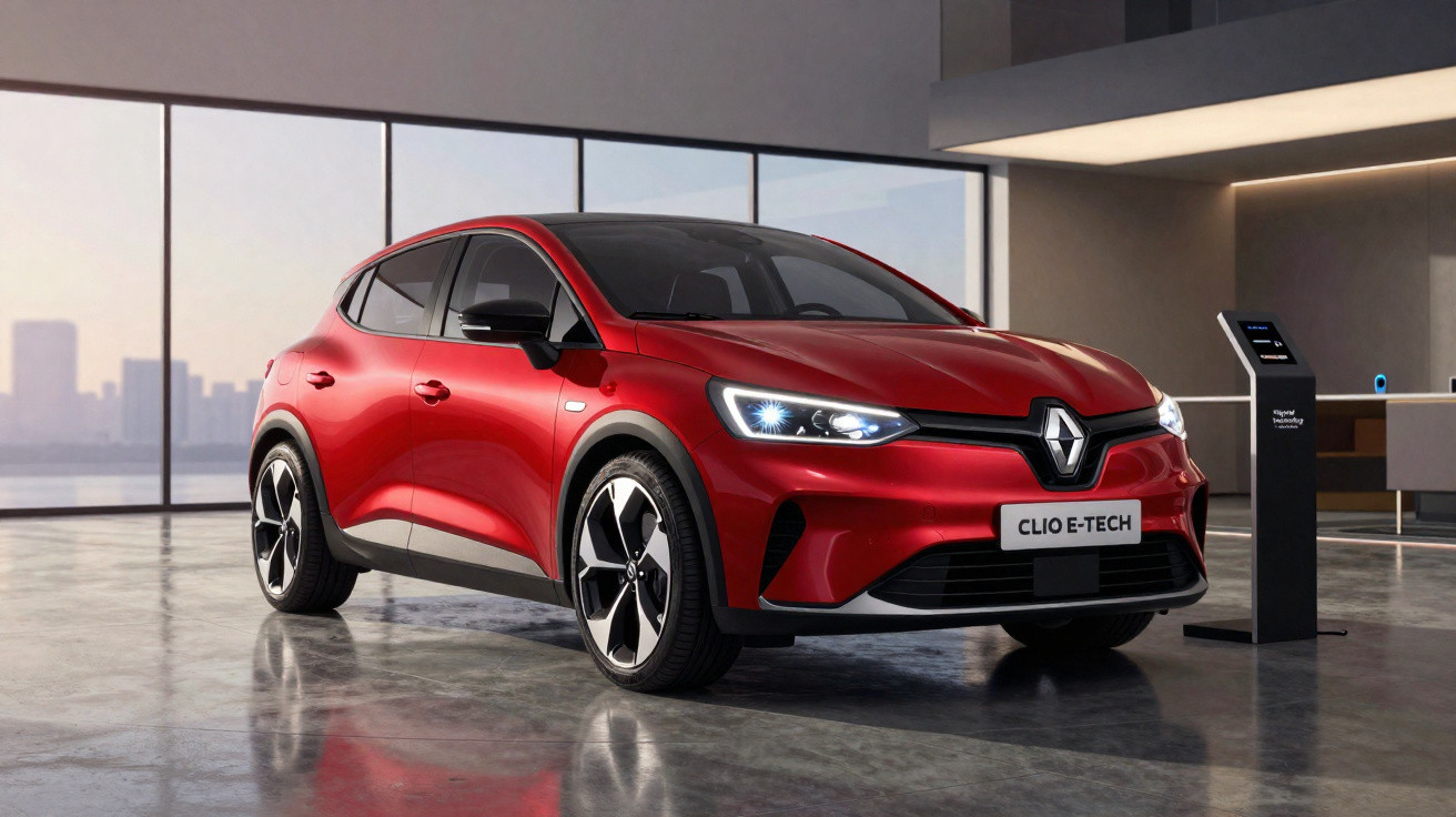 Roter Renault Clio E-Tech Elektroauto in moderner Ausstellungshalle mit großen Fenstern.