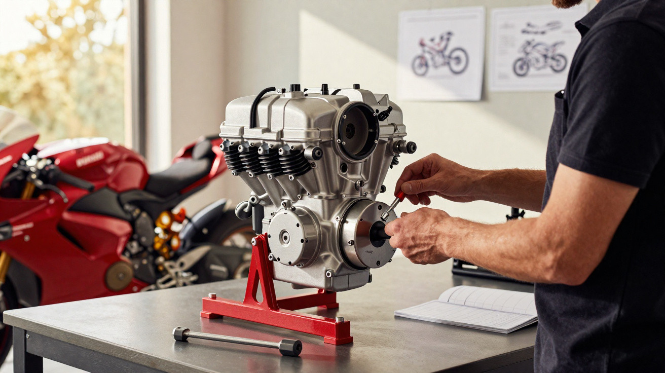Person arbeitet an einem Motorradmotor auf einem Tisch, rotes Motorrad und technische Zeichnungen im Hintergrund.