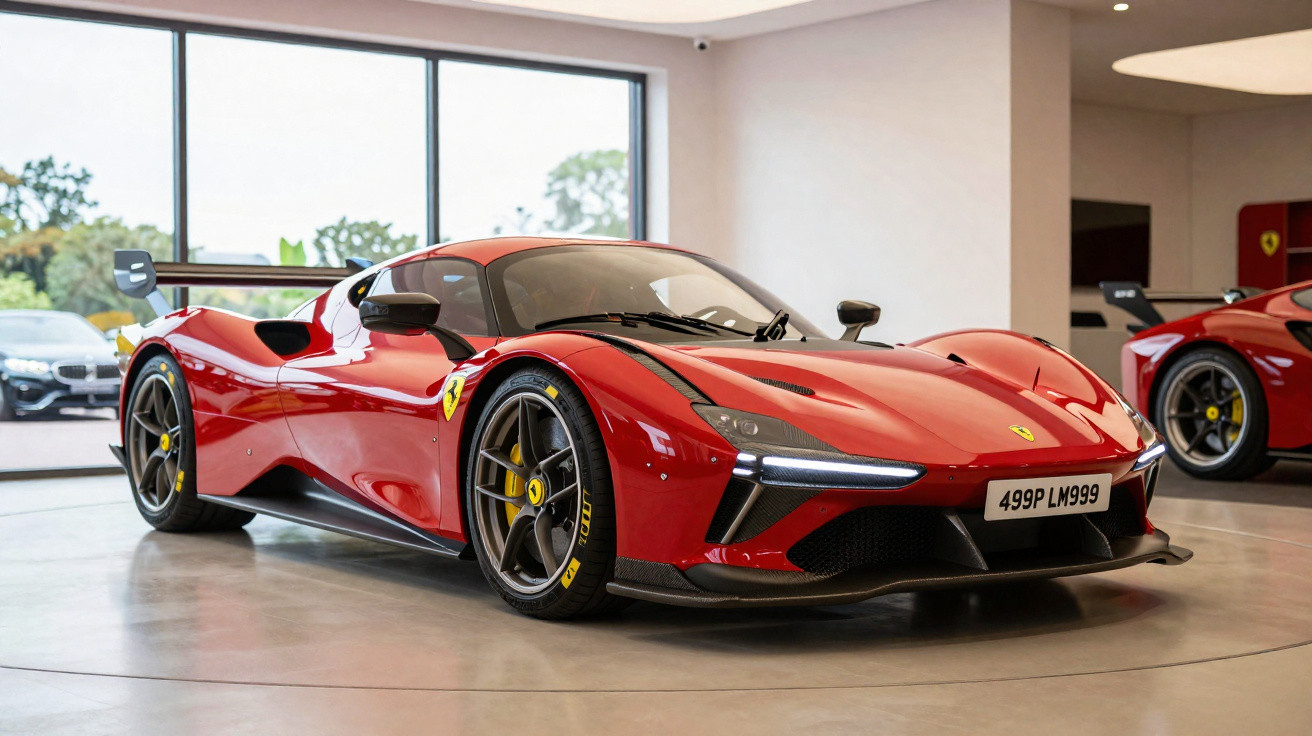 Roter Ferrari Supersportwagen mit schwarzem Dach und gelben Bremssätteln in einem modernen Ausstellungsraum.