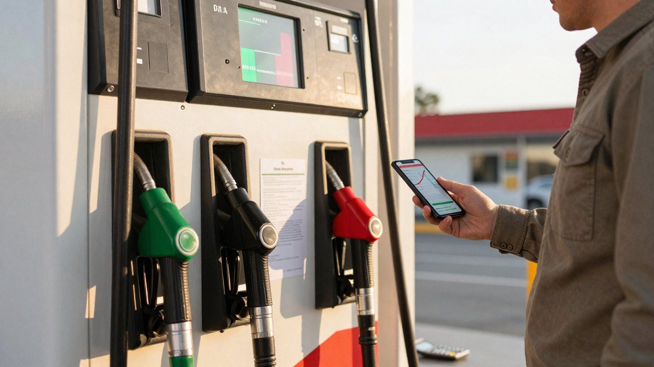 Mann hält Smartphone neben Zapfsäulen mit grünem, schwarzem und rotem Zapfhahn an Tankstelle.