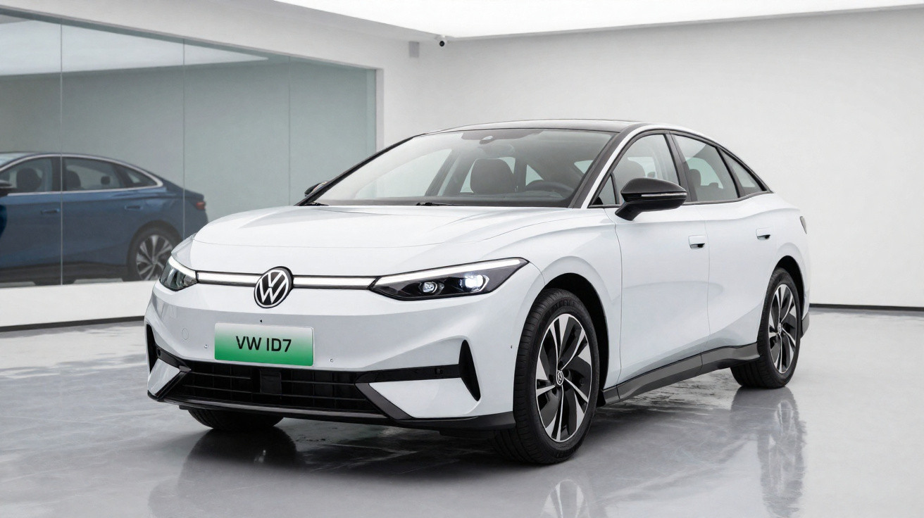 Weißer Volkswagen ID.7 Elektroauto in einem modernen, reflektierenden Showroom vor weißer Wand.