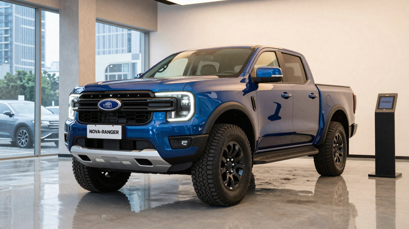 Blauer Ford Nova Ranger Pickup mit All-Terrain-Reifen in einem modernen Ausstellungsraum.