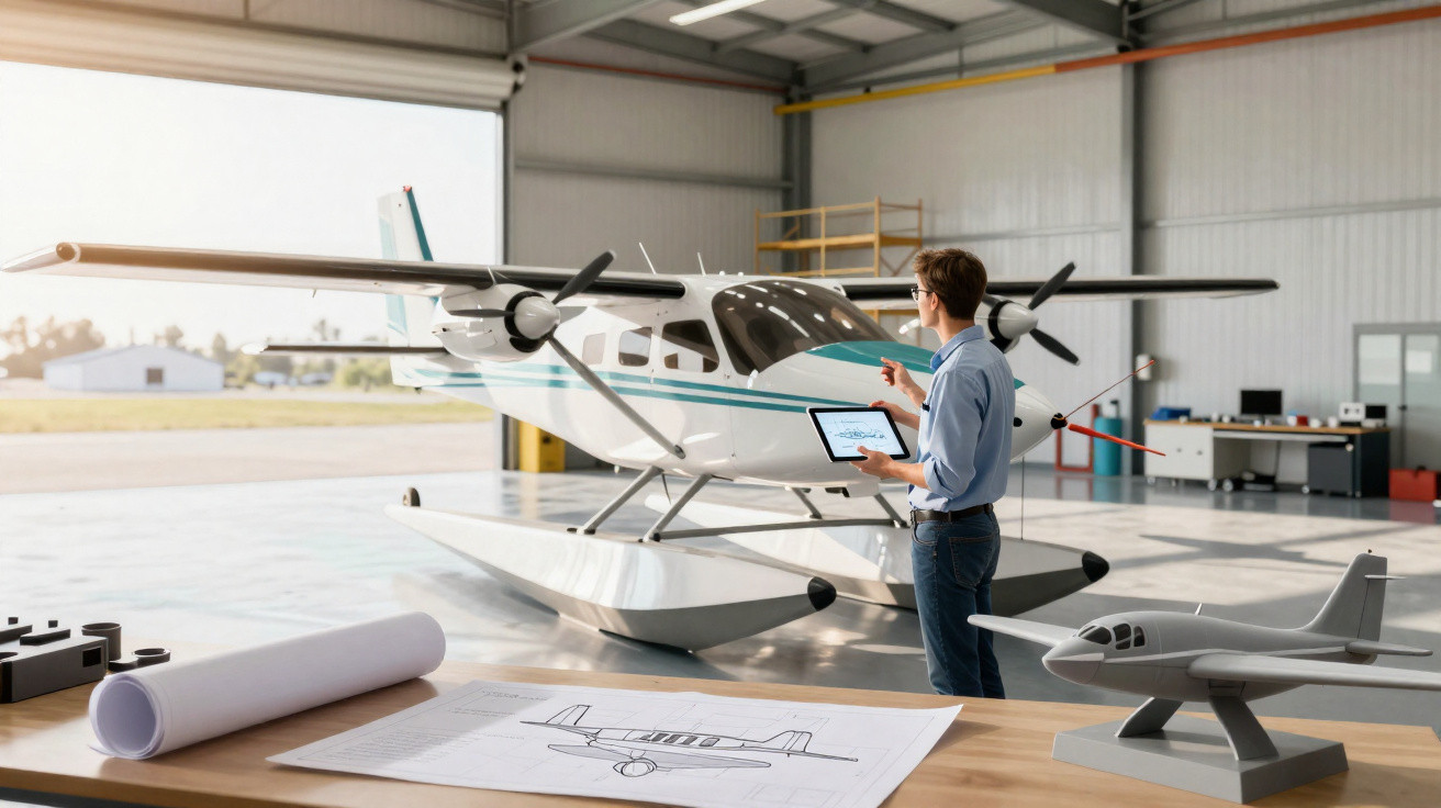 Ingenieur mit Tablet überprüft Wasserflugzeug in Hangar, daneben Flugzeugmodell und technische Zeichnungen auf Tisch.