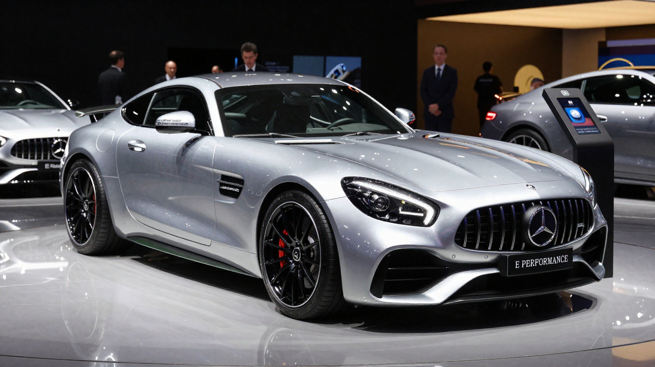 Silberner Mercedes AMG GT Sportwagen auf einer Ausstellung mit glänzendem Lack und schwarzen Felgen.