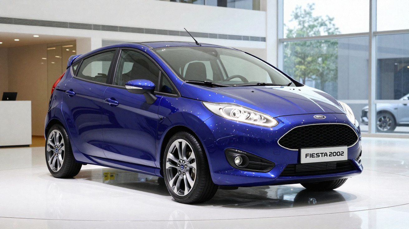 Blauer Ford Fiesta 2002, fünftüriges Modell, präsentiert in hellem Raum mit Glasfenstern im Hintergrund.