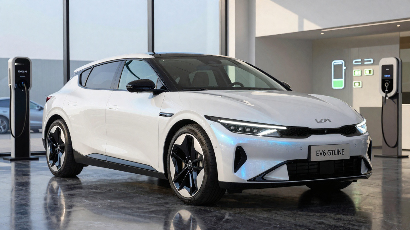Weißes Kia EV6 GT Line Elektroauto vor Ladestationen in hellem Showroom.