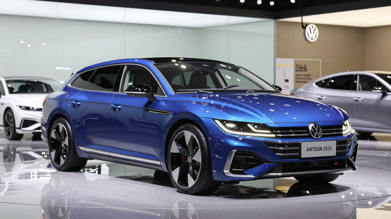 Blauer Volkswagen Arteon 2025 auf Autoausstellung mit glänzendem Lack und moderner Frontscheinwerfertechnik.