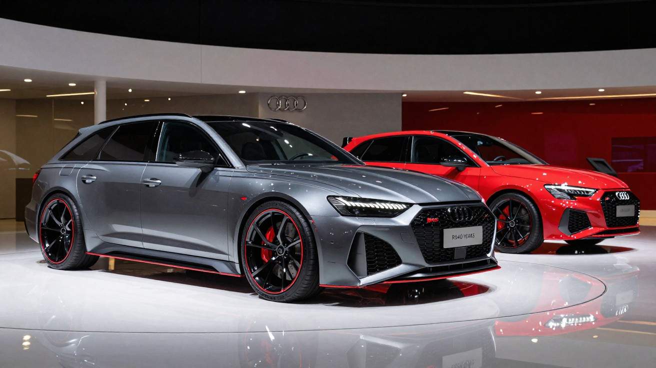 Zwei Audi RS-Modelle in Grau und Rot auf glänzendem Ausstellungsboden in hellem Raum.