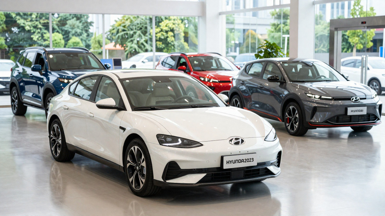 Mehrere Hyundai Neuwagen in einem hellen Autohaus, im Vordergrund ein weißes Modell mit Kennzeichen Hyundai2023.