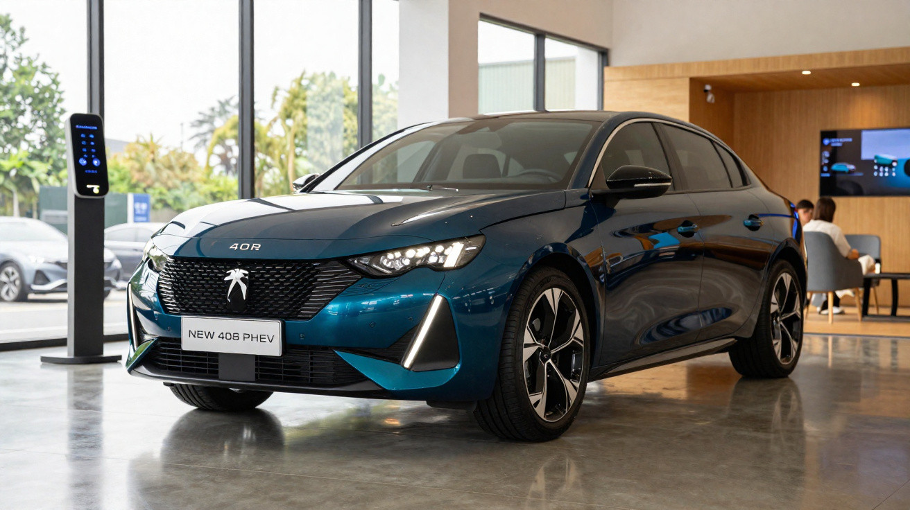 Blauer Peugeot 408 PHEV in einem modernen Autohaus mit großen Fenstern und Personen im Hintergrund.