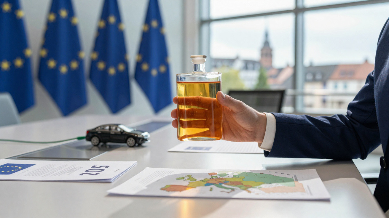 Hand hält eine Flasche mit Biokraftstoff, auf Tisch EU-Karte, Auto-Modell und EU-Flaggen im Hintergrund.