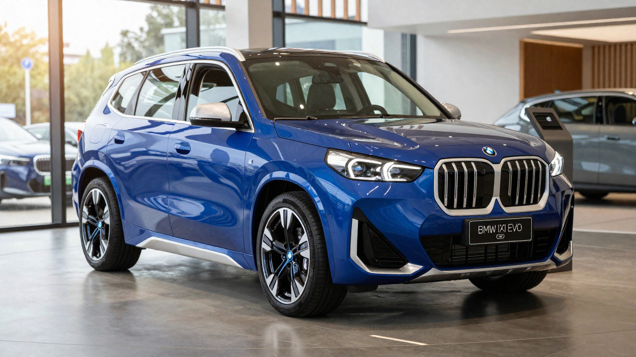 Blauer BMW iX1 EVO SUV im Autohaus bei Tageslicht, moderne Ausstattung, glänzender Lack.
