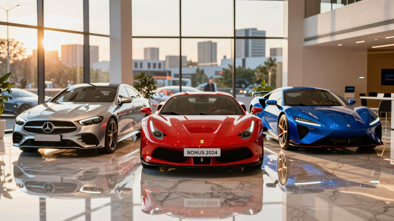 Drei Luxusautos, darunter Ferrari, Mercedes und ein blauer Supersportwagen, stehen in einem hellen Showroom.