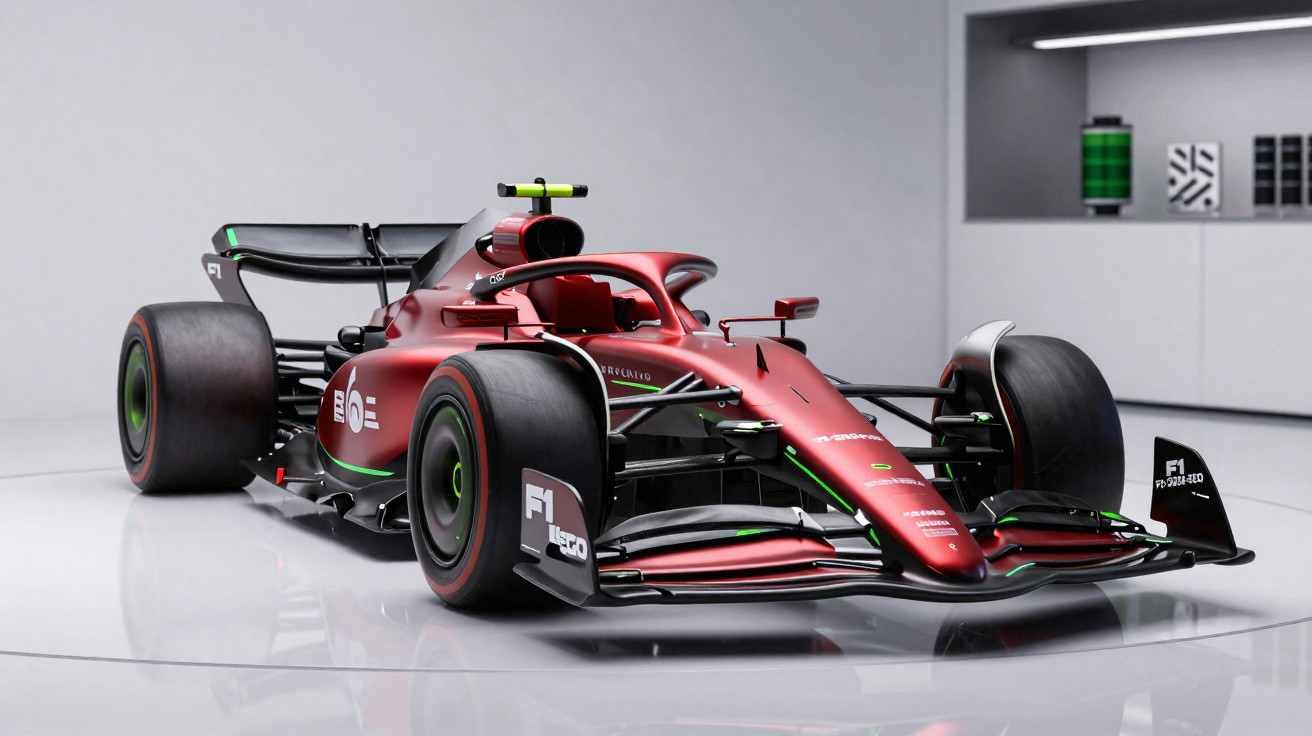 Rotes Formel-1-Rennfahrzeug mit schwarzem Spoiler und grünem Akzent, präsentiert in modernem Showroom.