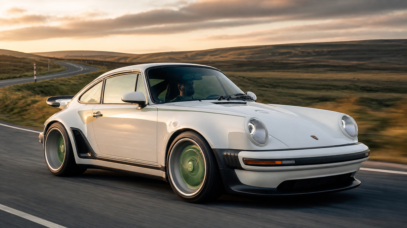 Weißer Porsche 911 fährt auf einer Landstraße bei Sonnenuntergang durch eine offene Hügellandschaft.