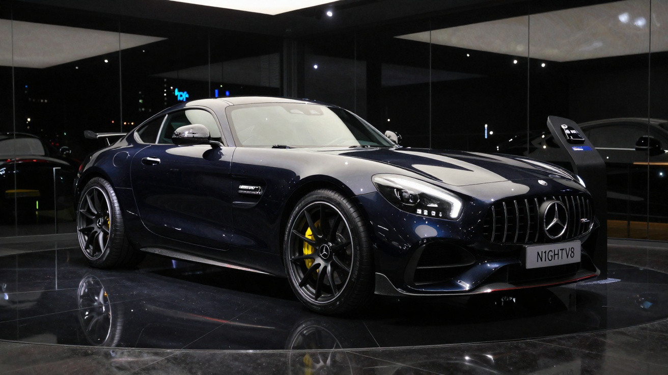 Schwarzer Mercedes-AMG GT mit gelben Bremsen steht im modernen, reflektierenden Ausstellungsraum bei Nacht.