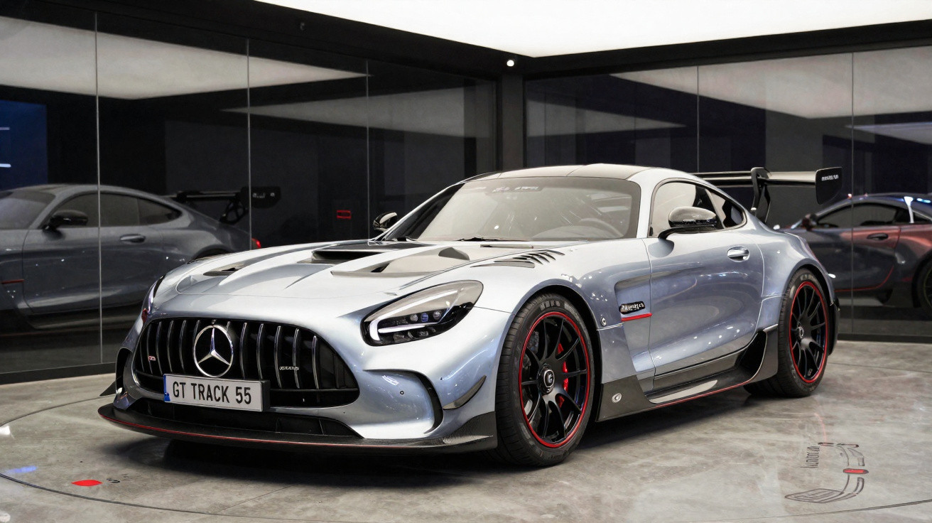 Silberner Mercedes AMG GT Rennwagen mit schwarzem Frontgrill und rotem Felgenrand in moderner Garage.