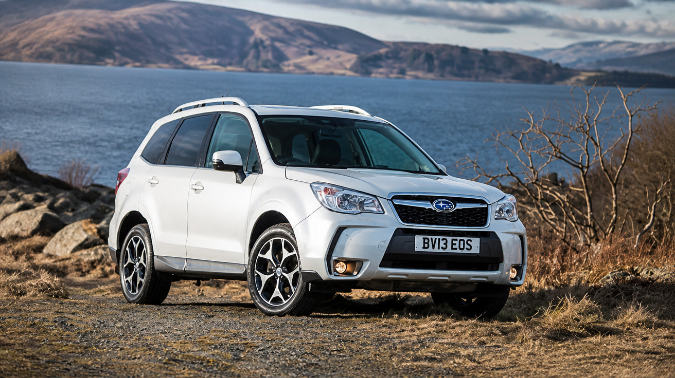 Weißer Subaru SUV, geparkt auf unbefestigtem Gelände vor einem See mit Bergen im Hintergrund.