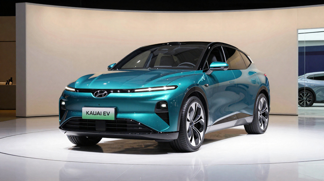 Blauer Hyundai Kauai EV Elektro-SUV in moderner Ausstellung mit weißem Hintergrund.