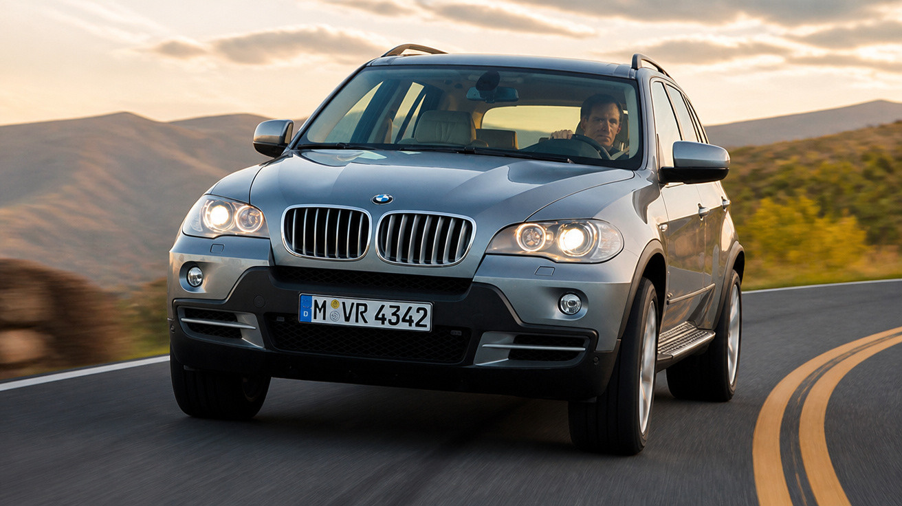Silberner BMW SUV fährt kurvenreiche Straße mit Bergen im Hintergrund bei Abendlicht.
