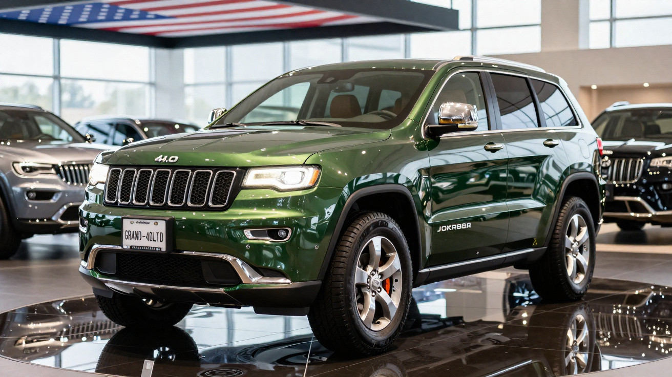 Grüner Jeep Grand Cherokee SUV im Showroom mit glänzendem Lack und moderner Frontbeleuchtung.