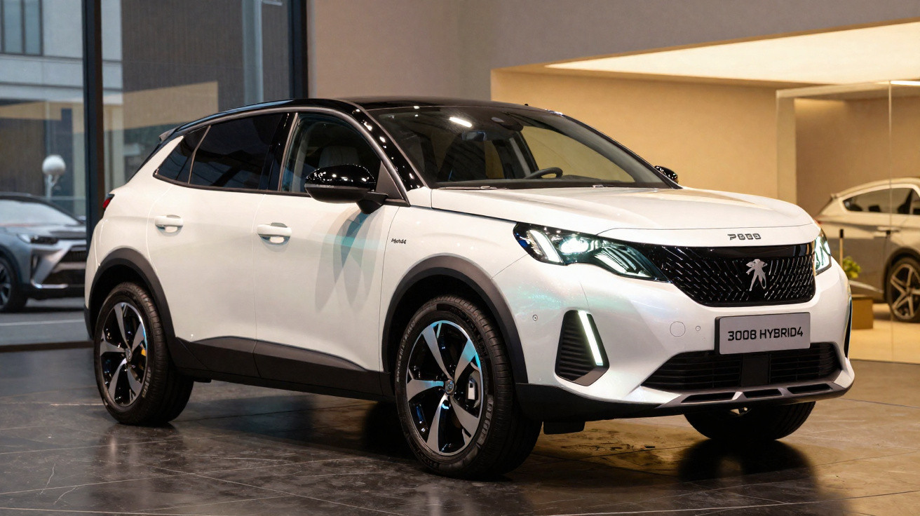 Weißer Peugeot 3008 Hybrid4 SUV in moderner Ausstellungshalle frontal rechts fotografiert.