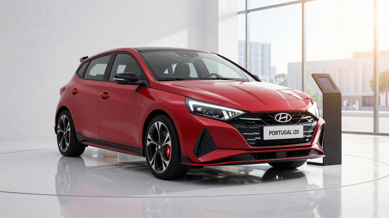 Roter Hyundai i20 Portugal in einem hellen Ausstellungsraum, frontal seitliche Ansicht.