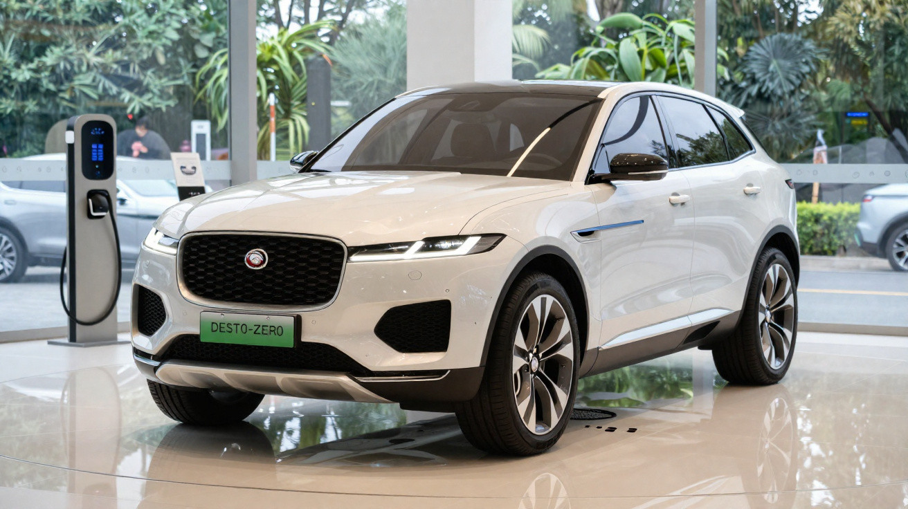 Weißes Jaguar Elektro-SUV an Ladestation in hellem Showroom vor großen Fenstern mit Pflanzen.