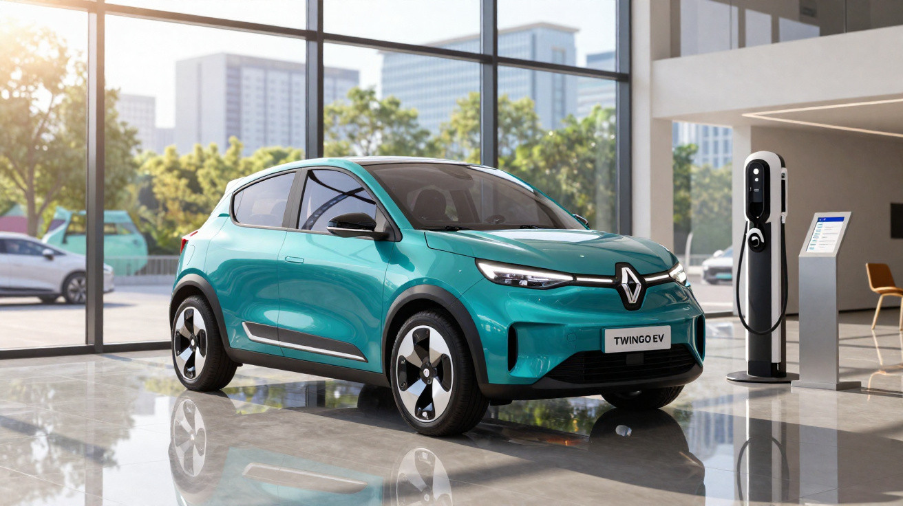 Türkisfarbener Renault Twingo EV steht in hellem Showroom neben Ladestation für Elektroautos.
