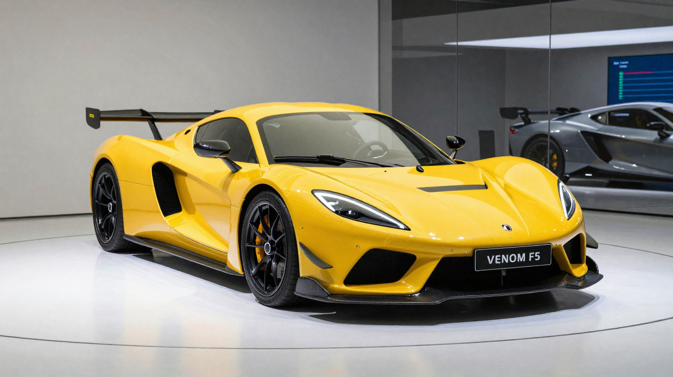 Gelber Venom F5 Supersportwagen in moderner Ausstellung mit Spiegelwand im Hintergrund