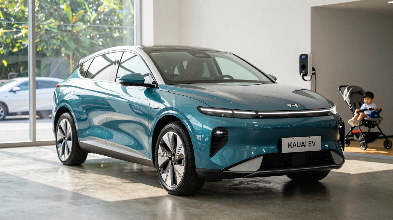 Blaues Elektroauto Kauai EV in einem hellen Showroom neben Ladestation und einem Kind im Kinderwagen.