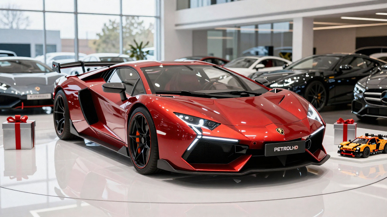 Roter Lamborghini-Sportwagen in Ausstellung mit Geschenkboxen und anderen Luxusautos im Hintergrund.