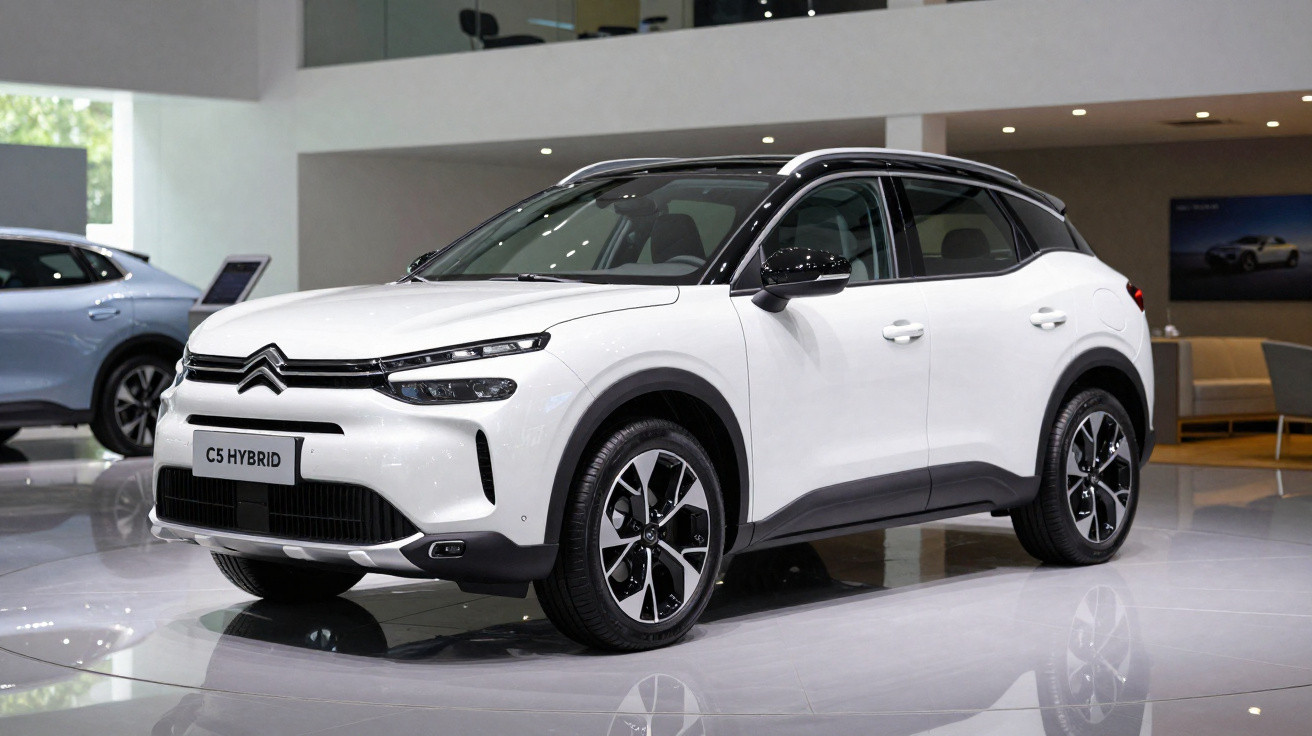Weißer Citroën C5 Hybrid SUV im Ausstellungsraum mit schwarzem Dach und modernen LED-Scheinwerfern.