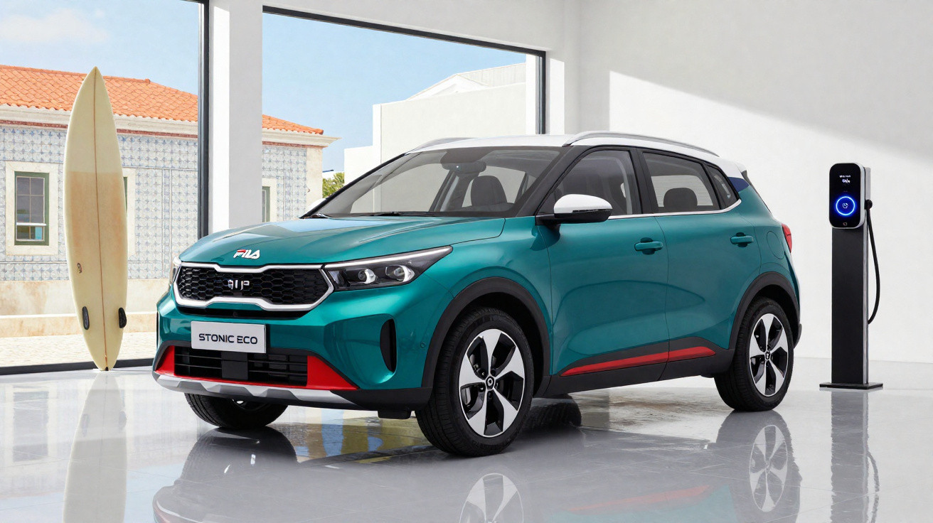 Grüner Kia Stonic Eco Elektro-SUV in modernem Raum neben Ladestation und Surfbrett vor Fenster mit Außenblick.