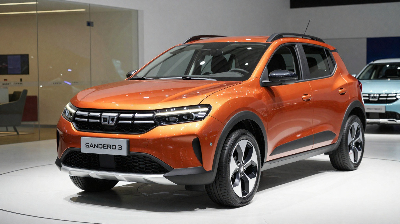 Oranger Dacia Sandero 3 SUV auf weißer Ausstellungsfläche in einem Autohaus.