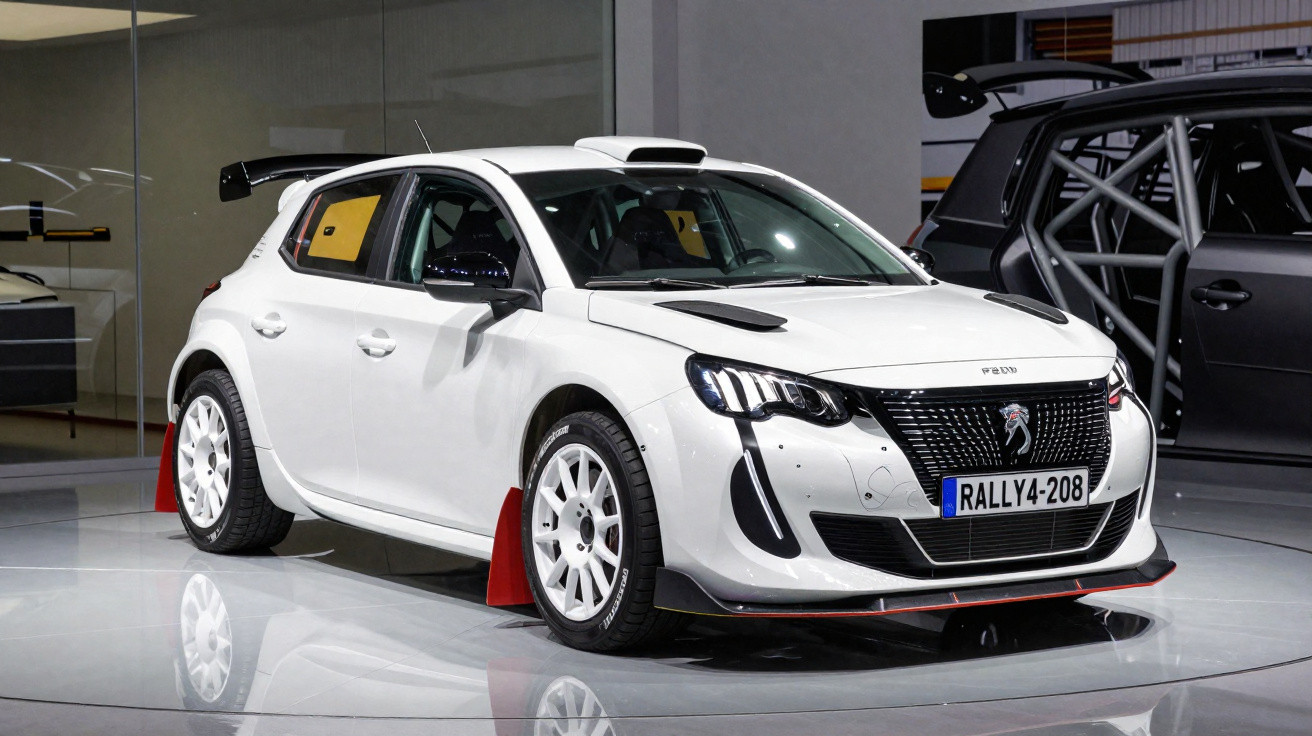 Weißer Peugeot Rallye-Wagen mit aerodynamischen Modifikationen und weißen Felgen in einer Ausstellungshalle.