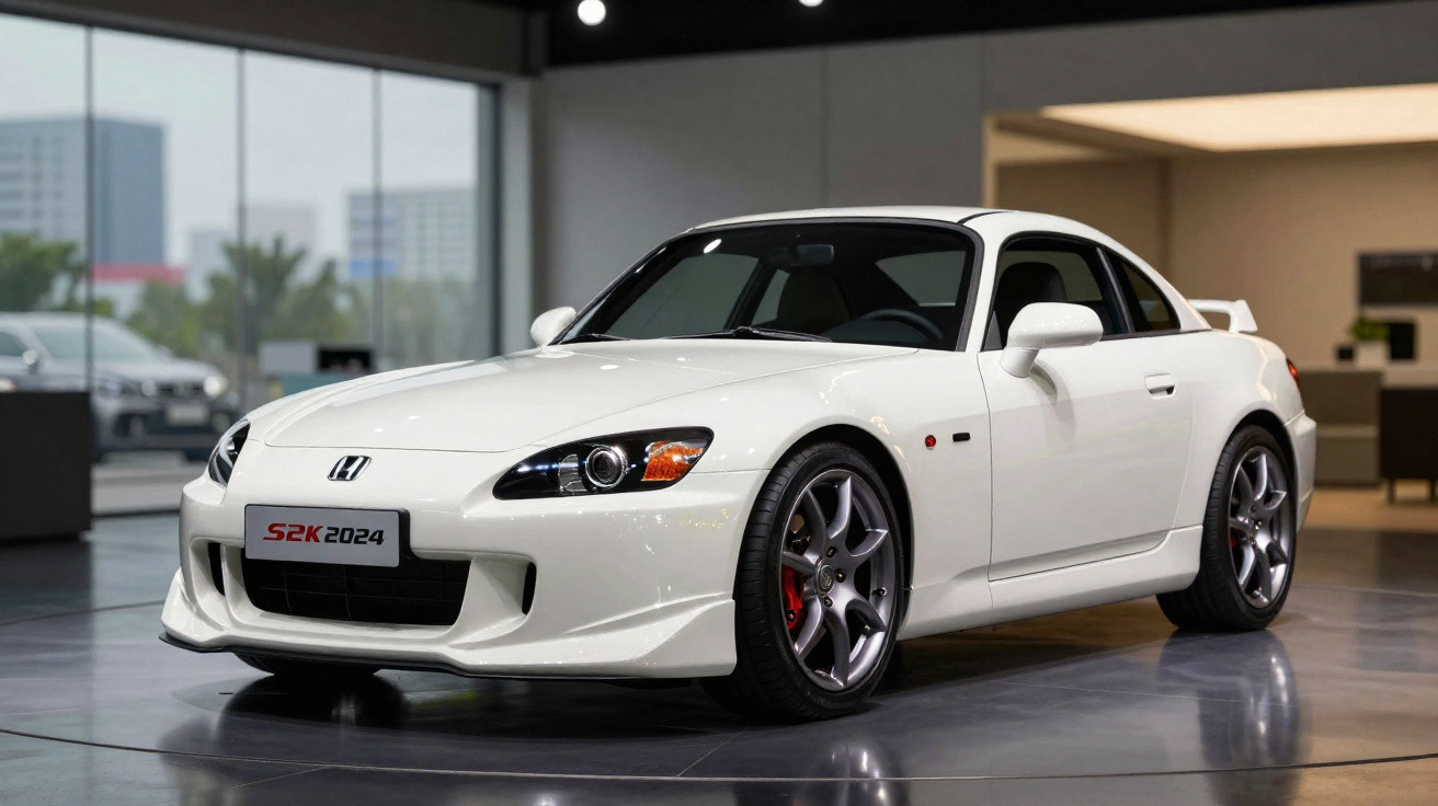 Weißer Honda S2000 Sportwagen mit schnittigem Design in moderner Ausstellungshalle.