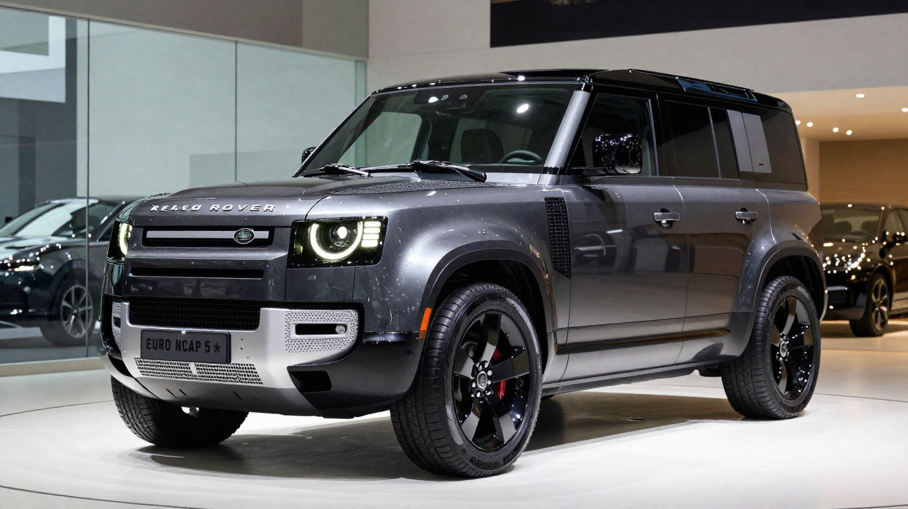 Grauer Land Rover Defender SUV steht in einem modernen Ausstellungsraum unter heller Beleuchtung.