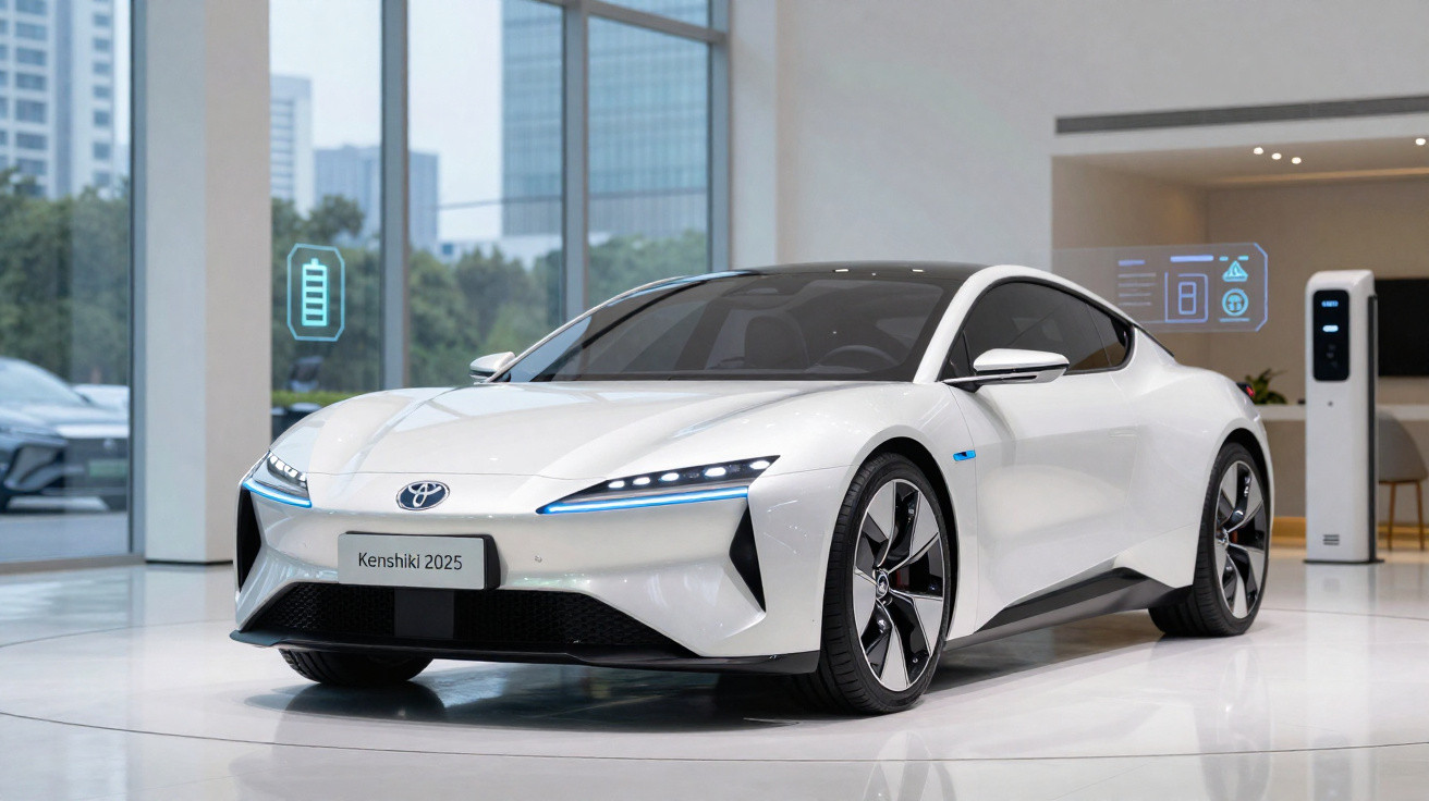 Weißes futuristisches Elektroauto Toyota Kenshiki 2025 in einem modernen Ausstellungsraum.