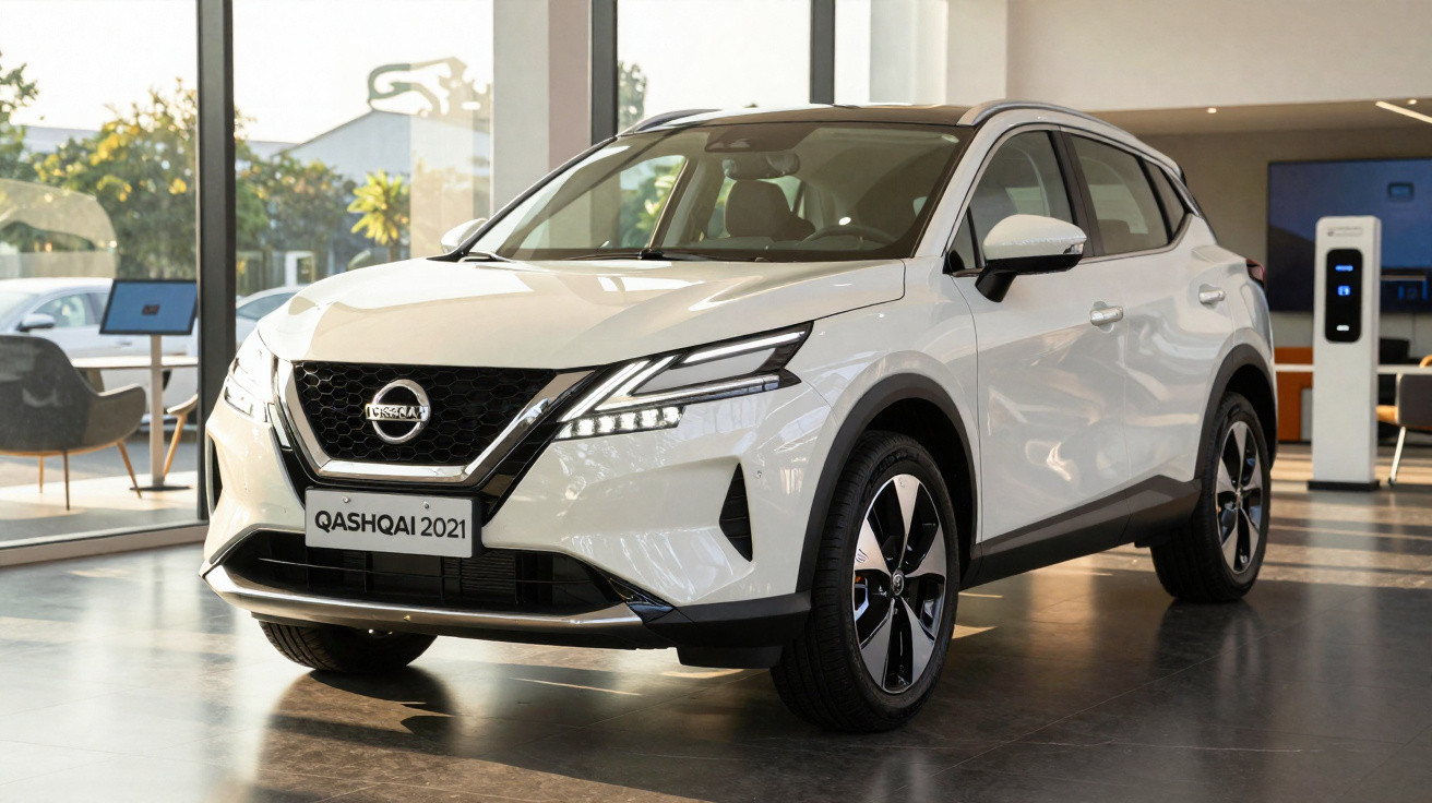Weißer Nissan Qashqai 2021 SUV in einem modernen Autohaus bei Tageslicht.